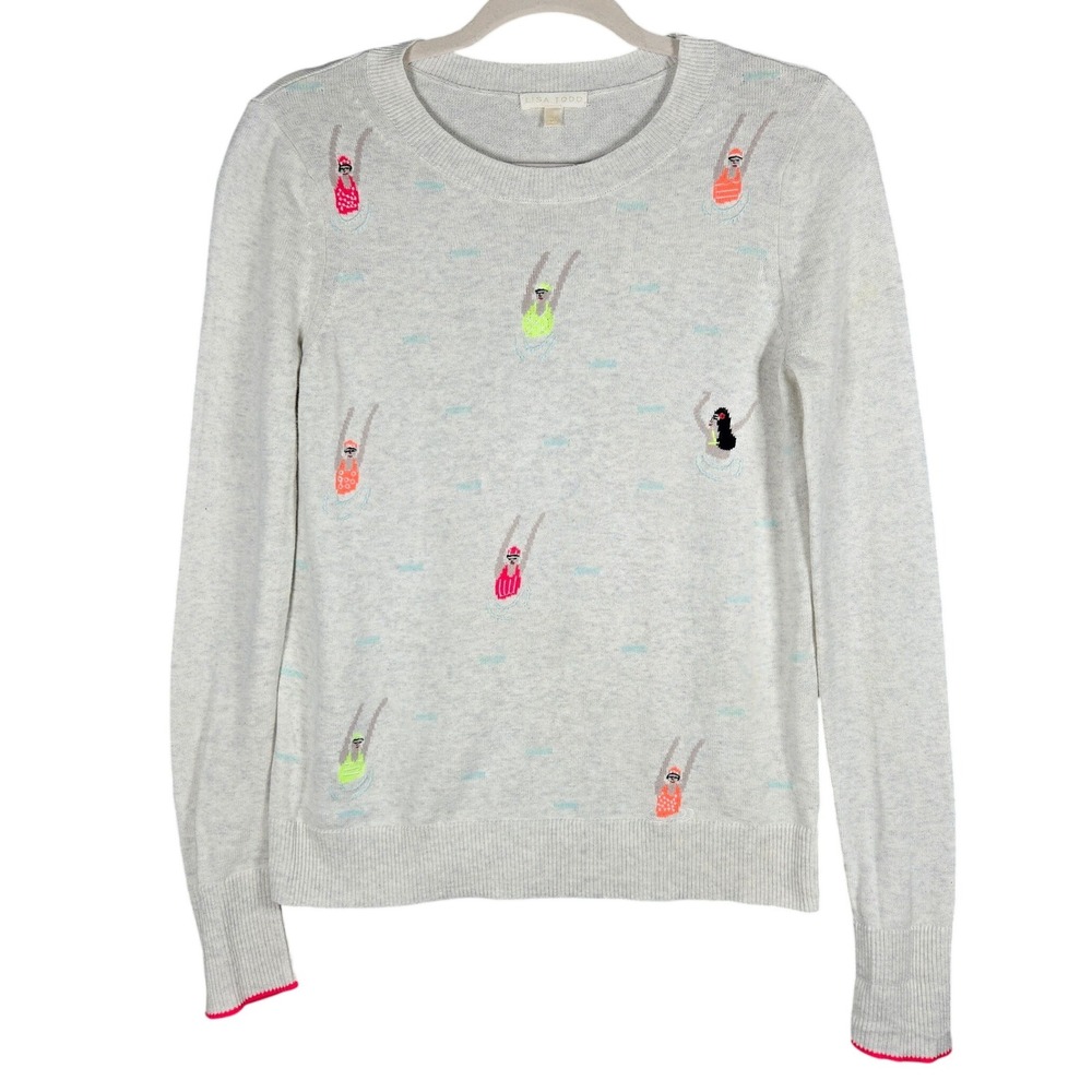 Lisa Todd Swimmer Embroidered Sweater Womens XS Gray Cotton Crewneck Novelty